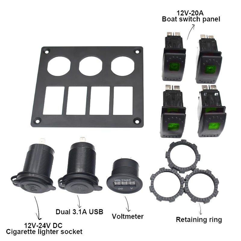 Garfour Green Waterproof Boat Rocker Switch Panel 3.1A Volt Dual USB Socket LED Light Voltmeter Cigarette Lighter Socket 4 Bang Rocker Switch Panel for Car RV SUV Boat - Image 3